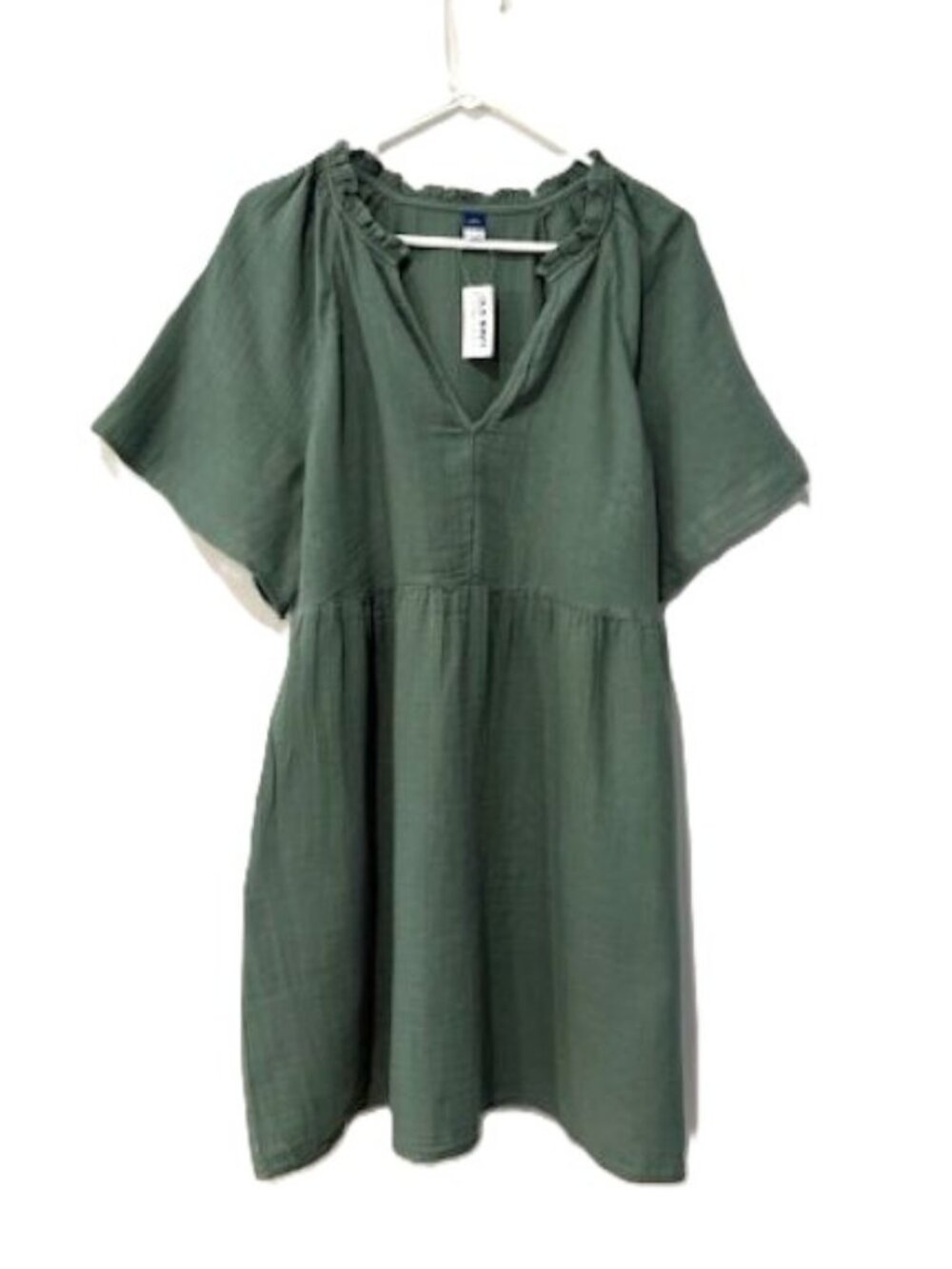 Old Navy Olive Green Split-Neck Crinkle Gauze Mini Swing Dress